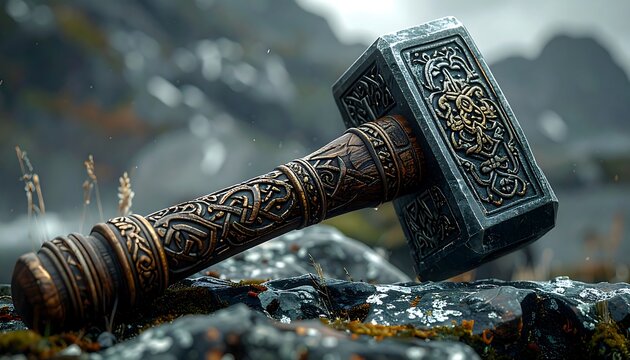 Ornate hammer resting on rocks