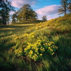 Gentle hillside, yellow wildflowers, dappled light,  and towering trees