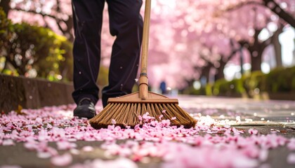 Ephemeral beauty of spring as a maintenance worker sweeps a path covered with fallen pink cherry blossom petals