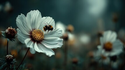 Obraz premium White cosmos flower with yellow center and a bee in a blurred field.