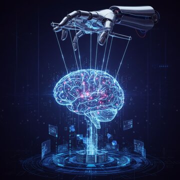 A robotic hand manipulates a digital brain highlighting the potential for artificial intelligence to control human thought