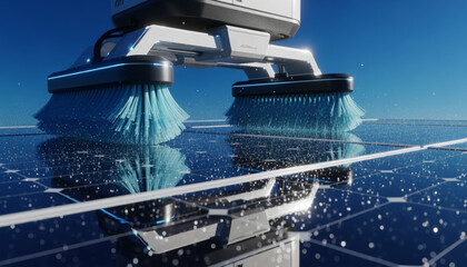 Futuristic solar panel cleaning robot with blue brushes, water droplets, and reflections captured under bright sky for clean energy technology concept