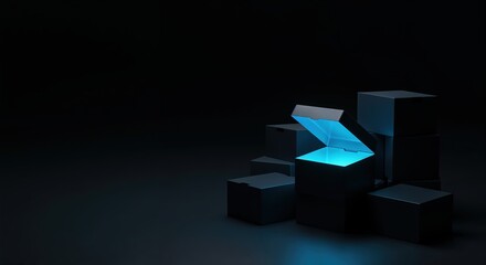 A dark, minimalist scene features several black boxes stacked on the right, with one central box partially open, emitting a vibrant blue glow into the dim environment, offering ample copy space.