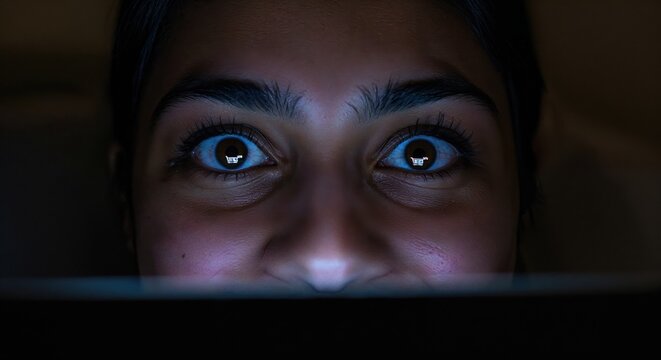 A close-up view of a young person's wide, dilated eyes, illuminated by the blue glow of a digital screen, reflecting a shopping cart icon in a dark setting.
