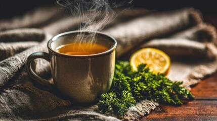 Steaming mug of tea with lemon and herbs on rustic cloth and wooden table
