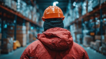 Warehouse worker with orange helmet, seen from back, amid stacked shelves
