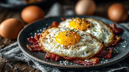 Two fried eggs atop crispy bacon on a dark plate. Wooden background