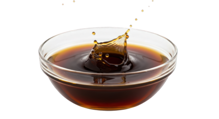 Dark liquid splashes in clear bowl, isolated on black, creating water crown