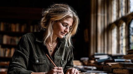 Woman writing indoors near books, blonde hair, glasses, natural window light