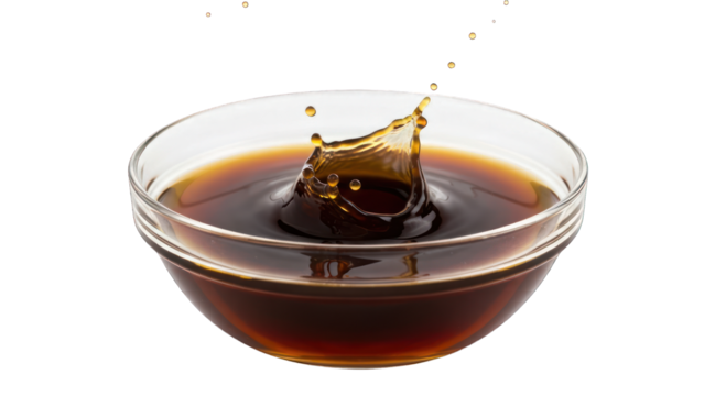 Dark liquid splashes in clear bowl, isolated on black, creating water crown