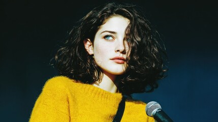 Young woman with curly hair wearing a yellow sweater near a microphone