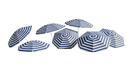 Group of white and blue striped beach umbrellas on a black background