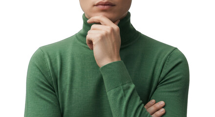 Person in green turtleneck thoughtfully holding chin