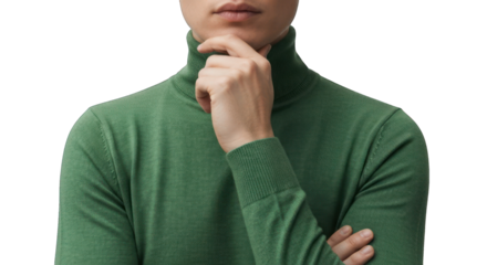 Person in green turtleneck thoughtfully holding chin