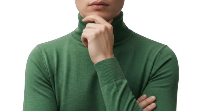 Person in green turtleneck thoughtfully holding chin - Powered by Adobe