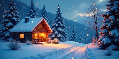 Festive winter wonderland scene with snowy trees, cozy cabin, and twinkling lights creating a magical holiday backdrop , winter, illumination