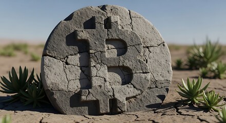 Bitcoin Stone Carving in Desert Landscape Cryptocurrency Concept