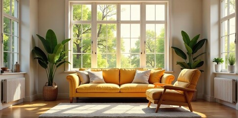 Cozy living room, sunlight streaming through windows illuminating a comfortable sofa and inviting armchair, creating a warm and welcoming home organization atmosphere , organization, clutter free