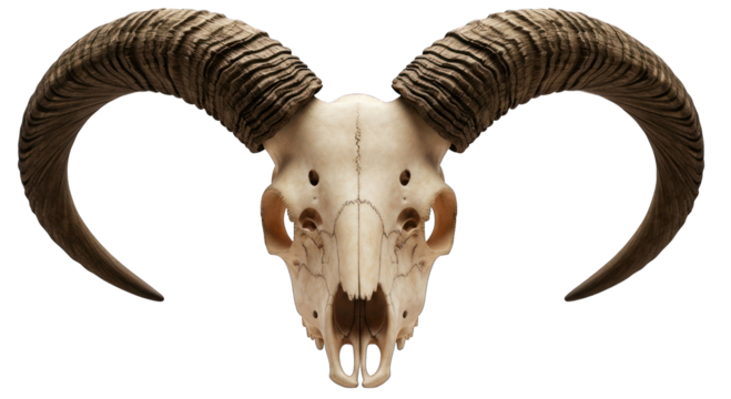 Ram skull facing forward with large, curled horns on a stark black backdrop