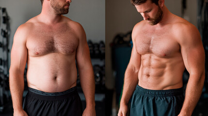 Transformation Journey: A compelling before-and-after portrayal of a man's physical metamorphosis, showcasing his dedication and hard work in a motivational fitness concept.