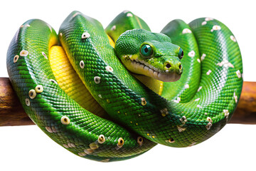 Fototapeta premium Emerald Tree Boa Snake Coiled On Branch With White Background reptile green isolated on a transparent background