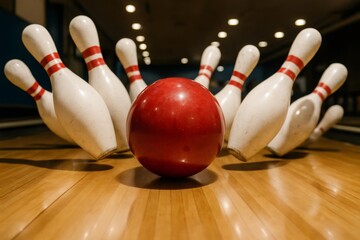 Red bowling ball knocking down white bowling pins on wooden lane