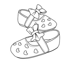 A pair of charming baby shoes vector illustration line art, each adorned with a delicate bow and small heart-shaped patterns, perfect for a newborn.