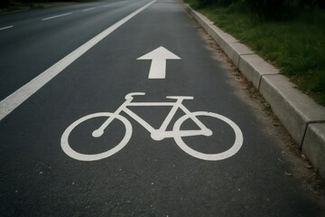 Obraz premium Bicycle lane showing direction with white painted sign on asphalt road