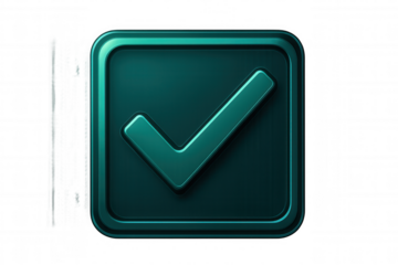 Green metallic 3d checkmark gleaming inside rounded square, representing successful validation against transparent backdrop
