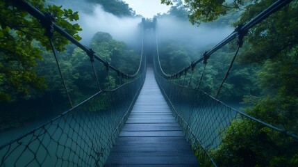 Suspension bridge crossing misty jungle over river