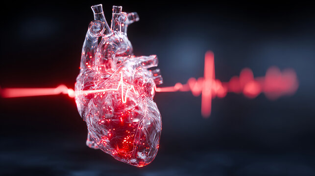 3d render of a heart with an ecg line, with red glowing lines. 