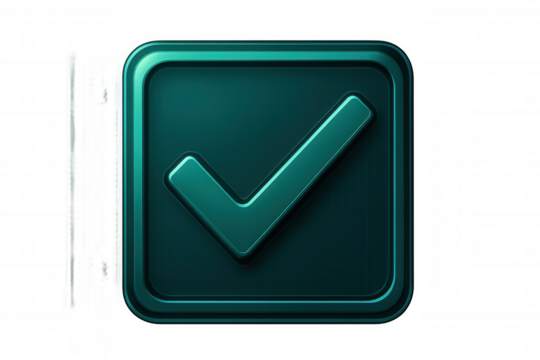 Green metallic 3d checkmark gleaming inside rounded square, representing successful validation against transparent backdrop - Powered by Adobe