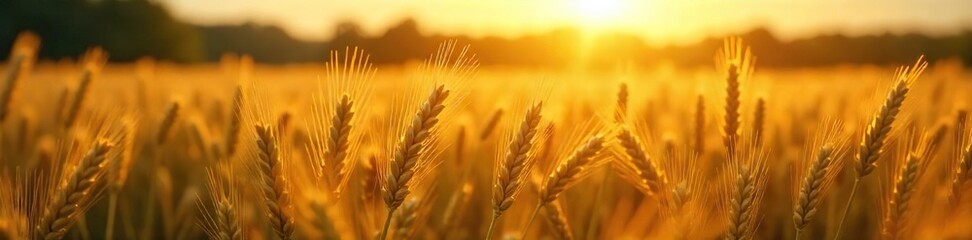 Golden hour sunlight bathes a lush field where ripe wheat sways gently in the breeze, ready for harvest A picturesque scene of rural abundance and agricultural bounty , natural, nature, sunlight