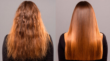 Fototapeta premium Hair Transformation: A stunning before-and-after of a woman's hair, highlighting the metamorphosis from frizzy and damaged to sleek and smooth, a testament to beauty and hair care.