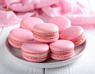 Fototapeta premium Pink macarons arranged beautifully on ceramic dessert plate