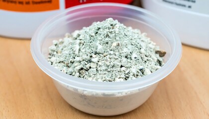 Light gray powder in a small, clear bowl