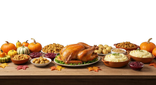 Thanksgiving feast, roasted turkey with sides on a wood table