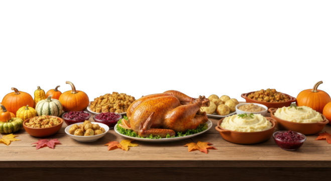 Thanksgiving feast, roasted turkey with sides on a wood table