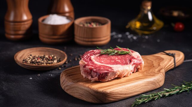Close-up of raw beef on a wooden surface, showcasing freshness and culinary appeal.