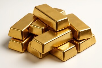 Stacked gold bullion bars gleaming with realistic reflections isolated on white concept of wealth security investment and precious metal savings