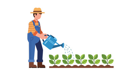 A vector illustration depicting a farmer watering young plants in a field, symbolizing agriculture, organic farming, and sustainable food production for agricultural themed content