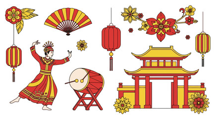 A collection of vibrant cultural elements featuring traditional Indonesian dancers, lanterns, fans, drums, and temple gates for festive design projects and cultural celebrations