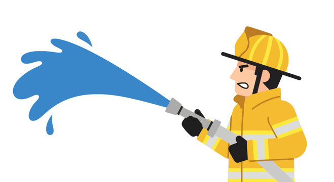 A Focused firefighter illustration spraying a powerful stream of water to extinguish a fire or provide rescue support in emergency response operations
