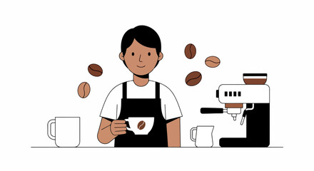Minimalist illustration of a barista preparing a cup of coffee with an espresso machine and coffee beans for cafe or coffee shop promotion