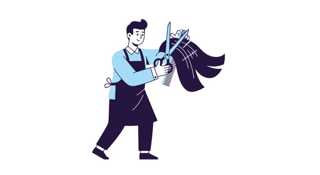 A professional barber cutting long hair with scissors illustration for hairdressing salon promotion and modern haircut design tutorials advertising material