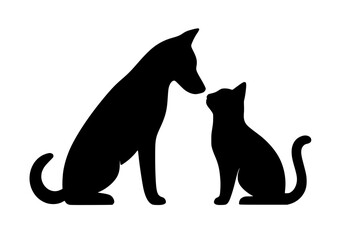 Black silhouette of a dog and cat facing each other isolated

