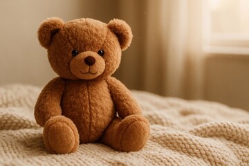 Adorable brown teddy bear sitting on cozy knitted blanket in soft window light warm childhood nostalgia and gift concept
