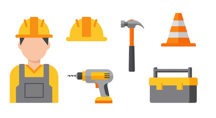 Vector graphic collection of construction worker elements including hard hat, hammer, drill, toolbox, and traffic cone for safety and building design projects