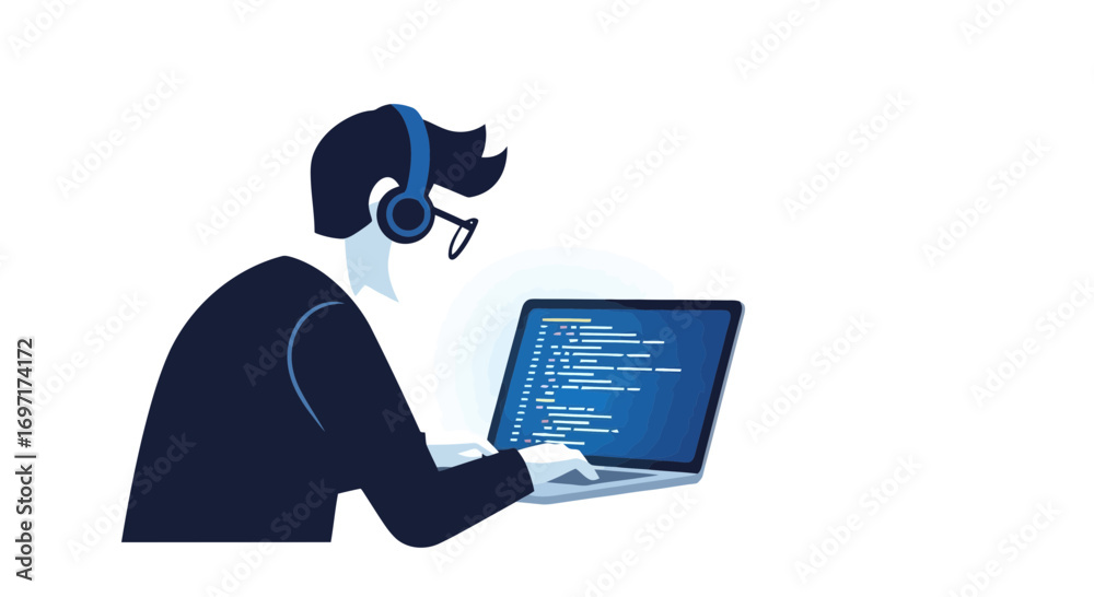 Wall mural an illustration depicting a software developer working on a laptop with code, ideal for showcasing r