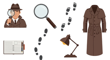 Detective investigation elements featuring a magnifying glass, footprints, trench coat, notepad, and desk lamp for mystery novel illustrations